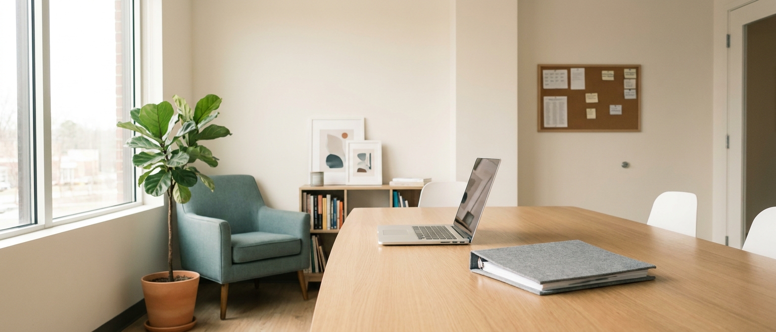 A nonprofit office with financial reports laid out on a table